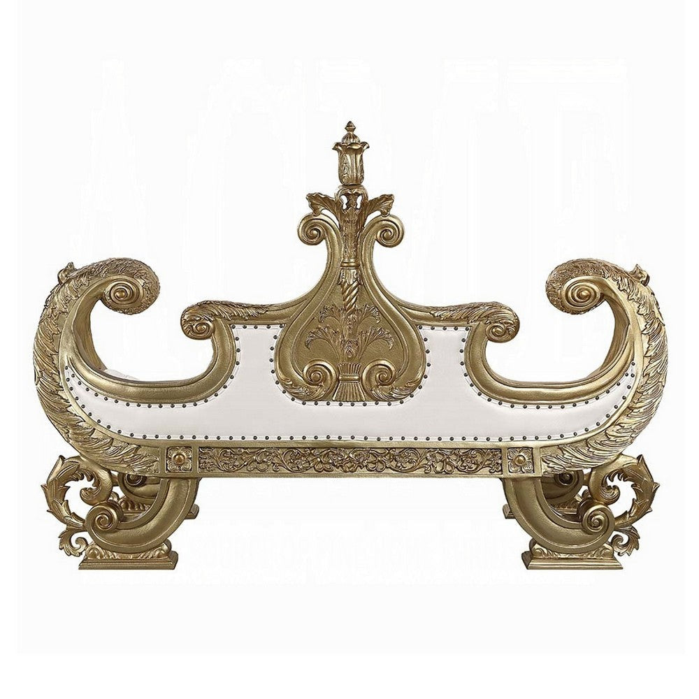 Rexx 71’’ Accent Bench Sofa Gold Ornate Carvings White Faux Leather BM324399