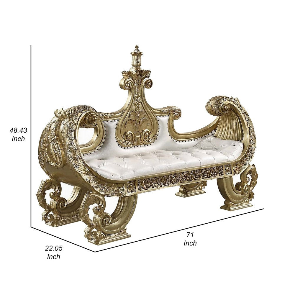 Rexx 71’’ Accent Bench Sofa Gold Ornate Carvings White Faux Leather BM324399