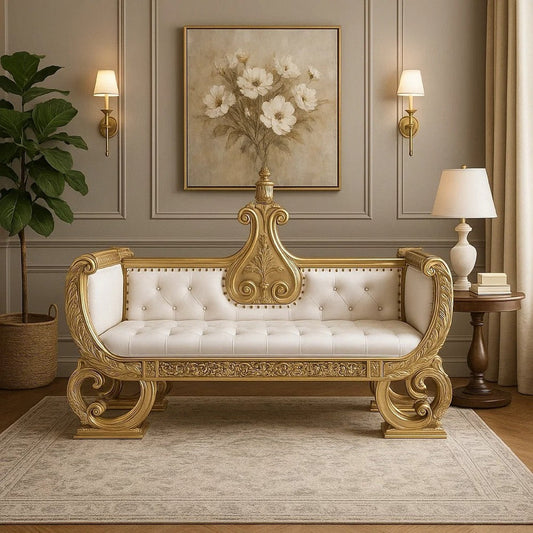 Rexx 71" Accent Bench Sofa, Gold Ornate Carvings, White Faux Leather