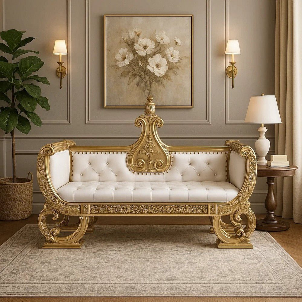 Rexx 71" Accent Bench Sofa, Gold Ornate Carvings, White Faux Leather