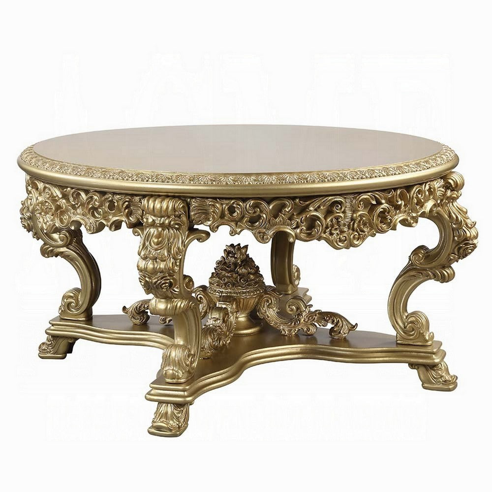 Rexx Dining Table, Ornate Rococo Inspired Carvings, Round 64" Gold