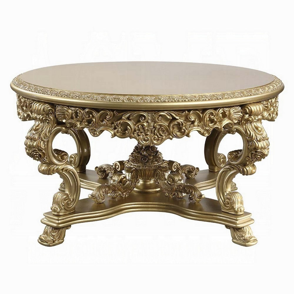 Rexx Dining Table Ornate Rococo Inspired Carvings Round 64’’ Gold BM324400