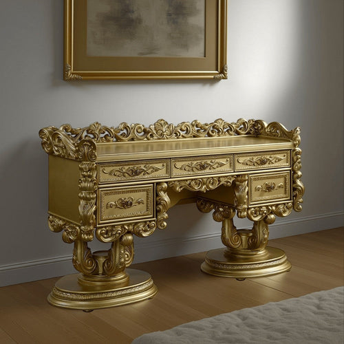 Rexx Vanity Desk with 5 Drawers and Ornate Carvings, 74" Gold Wood