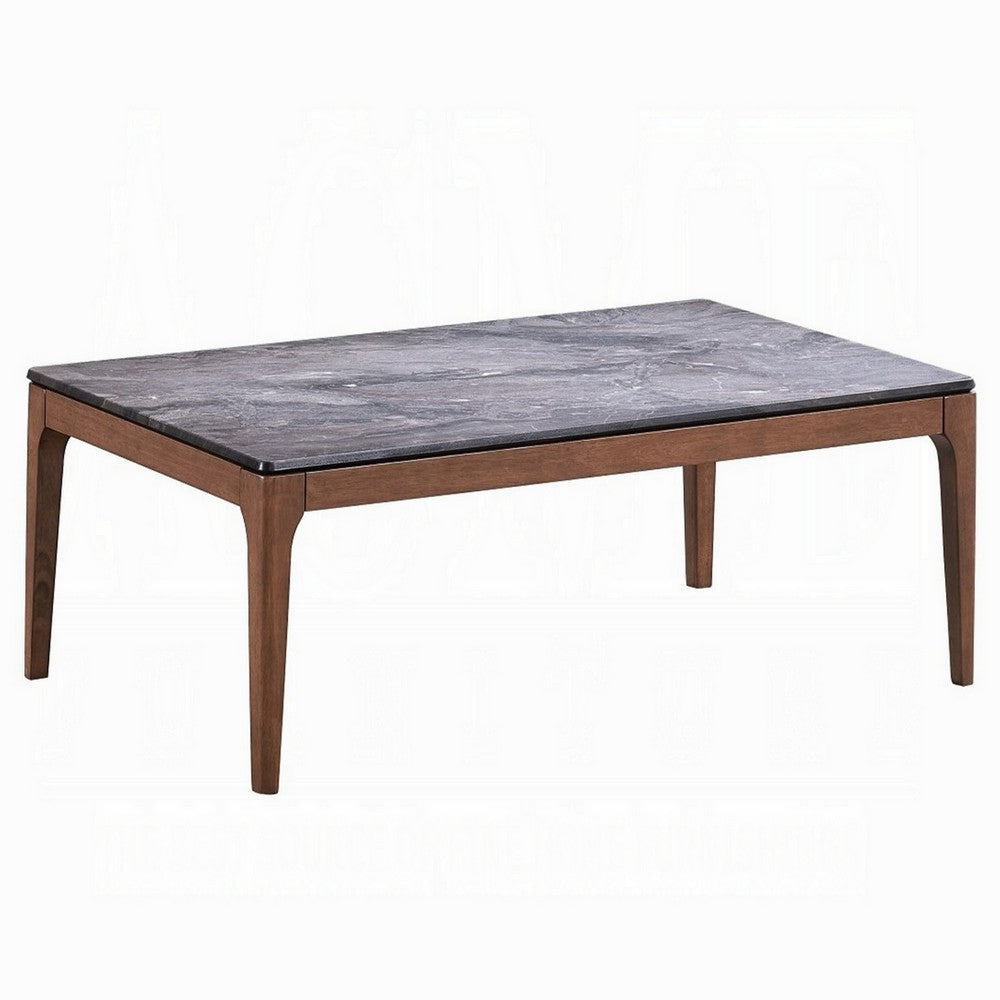 Evis Coffee Table, Rectangular 47" Gray Faux Stone Top, Brown Wood
