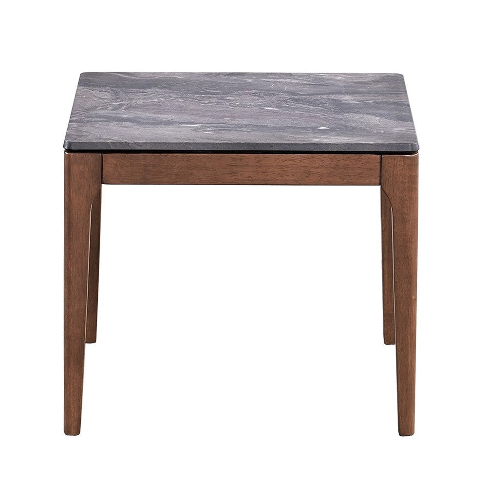 Evis Side End Table 24’’ Square Gray Faux Stone Top Walnut Brown Wood BM324404