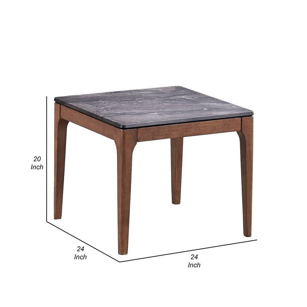 Evis Side End Table 24’’ Square Gray Faux Stone Top Walnut Brown Wood BM324404