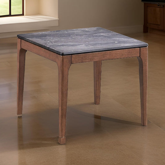 Evis Side End Table, 24" Square Gray Faux Stone Top, Walnut Brown Wood
