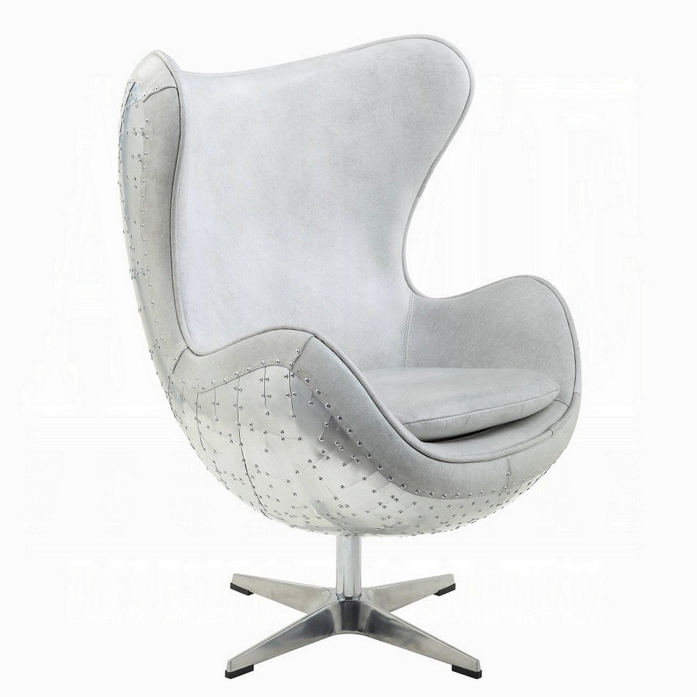 Bran Accent Chair with Swivel, Riveted Metal, White Top Grain Leather