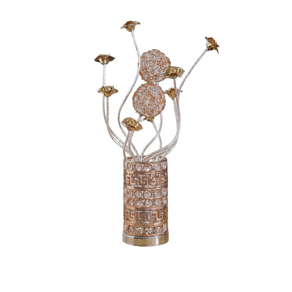 Table Lamp, Rose Bud Floral Vase, Cage Textured Gold Chrome 22"