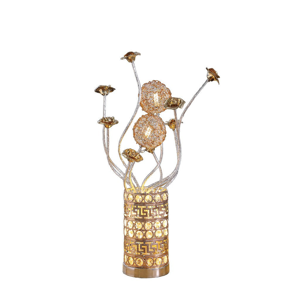Table Lamp Rose Bud Floral Vase Cage Textured Gold Chrome 22’’ BM324412