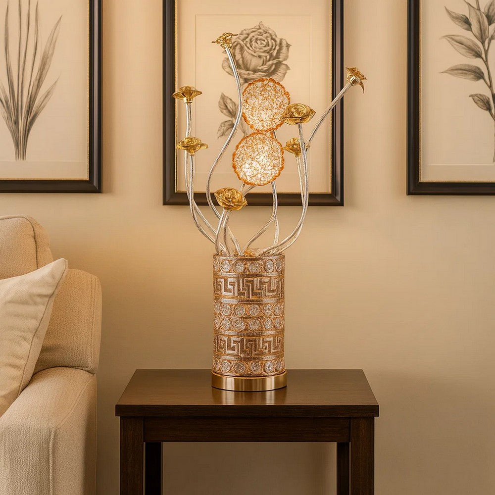 Table Lamp, Rose Bud Floral Vase, Cage Textured Gold Chrome 22"