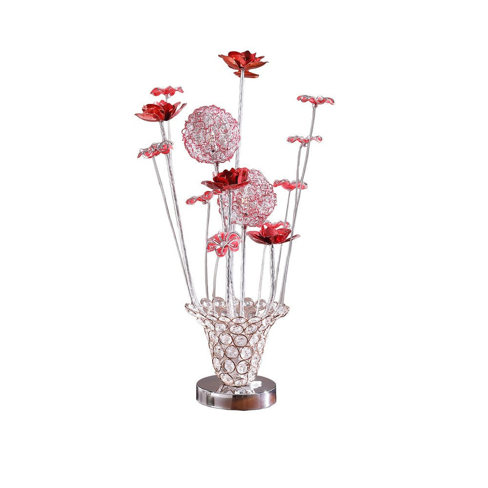 Accent Table Lamp, LED, Red Roses Trumpet Crystal Vase, Chrome 21"