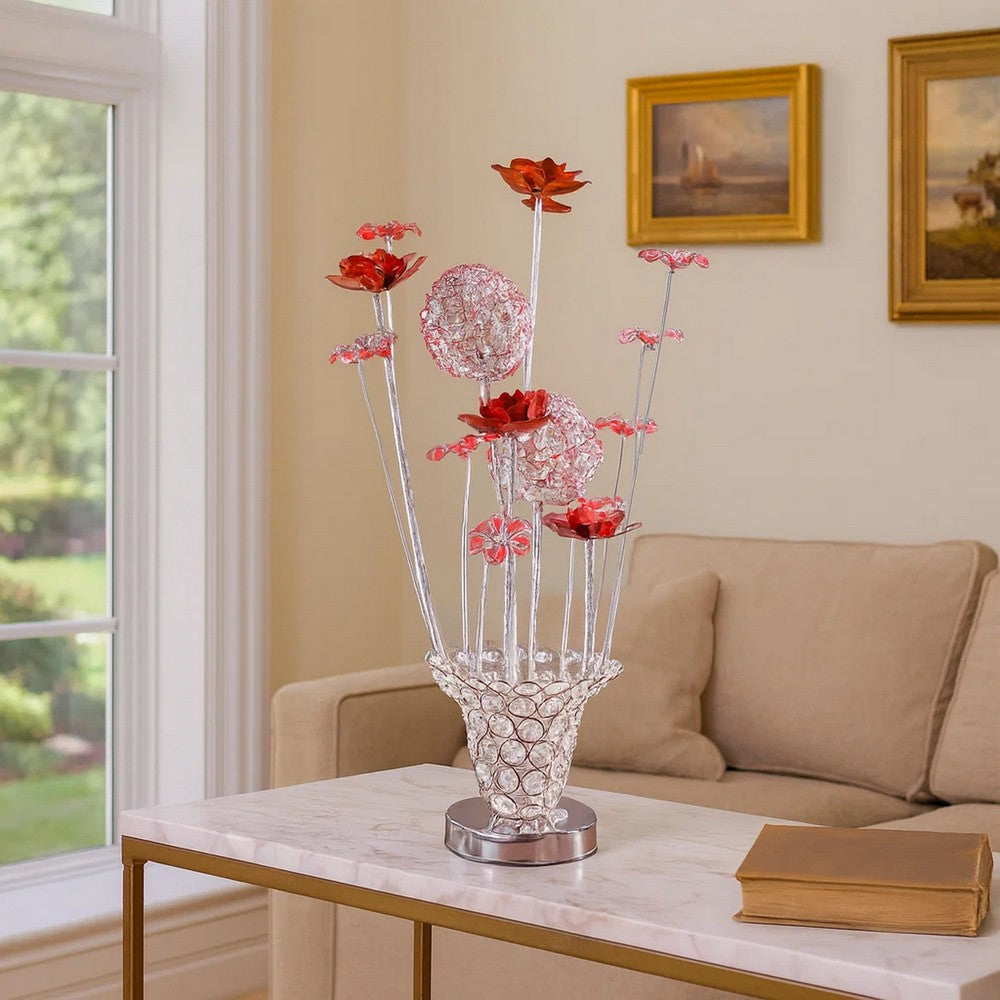 Accent Table Lamp, LED, Red Roses Trumpet Crystal Vase, Chrome 21"