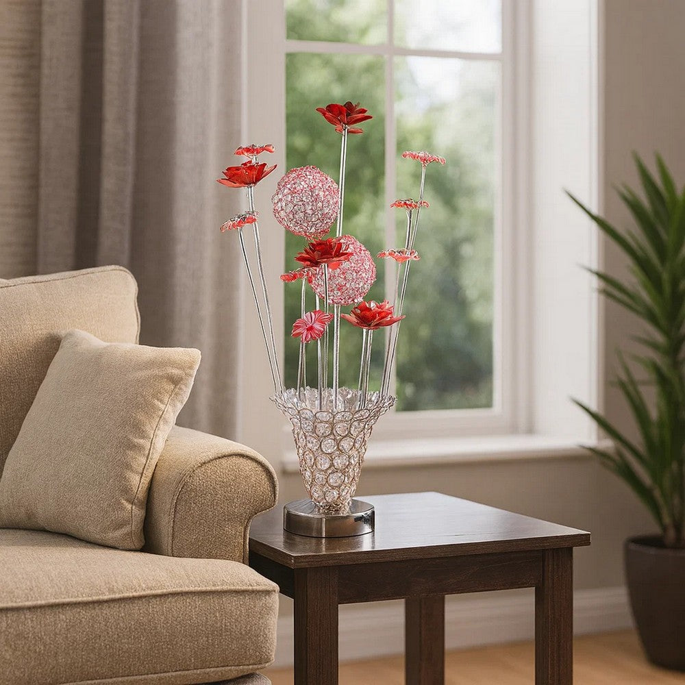 Accent Table Lamp, LED, Red Roses Trumpet Crystal Vase, Chrome 21"