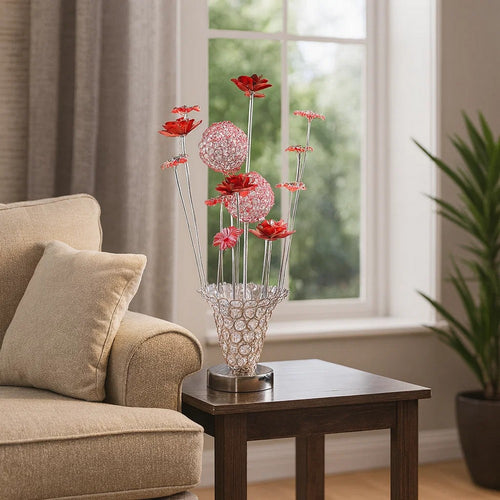 Accent Table Lamp, LED, Red Roses Trumpet Crystal Vase, Chrome 21"