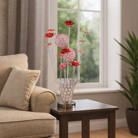 Accent Table Lamp, LED, Red Roses Trumpet Crystal Vase, Chrome 21"
