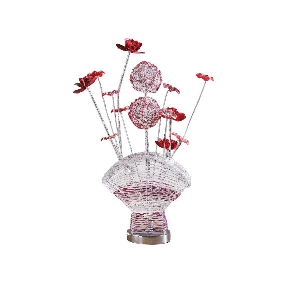 Accent Table Lamp, LED, Red Roses Fan Crystal Vase, Chrome 22"