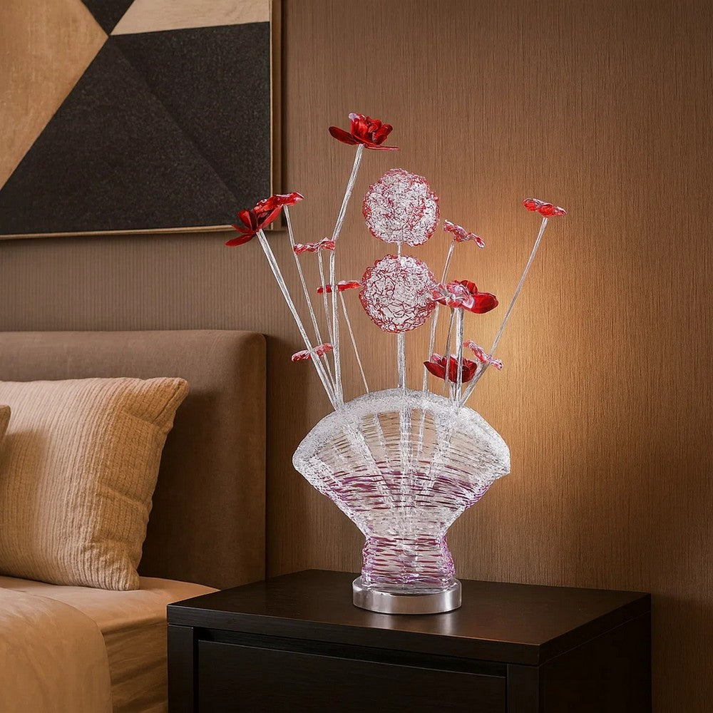 Accent Table Lamp, LED, Red Roses Fan Crystal Vase, Chrome 22"