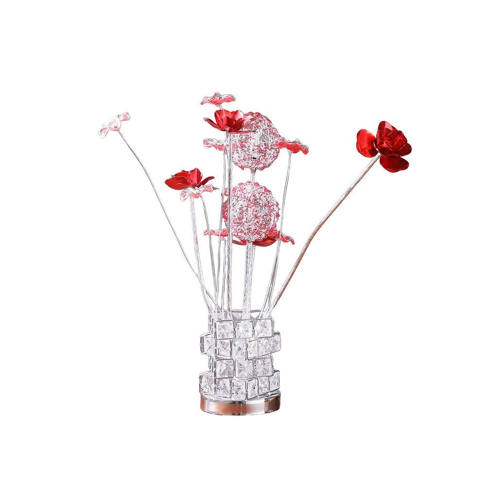 Accent Table Lamp LED Red Roses Crystal Square Vase Chrome 21’’ BM324415