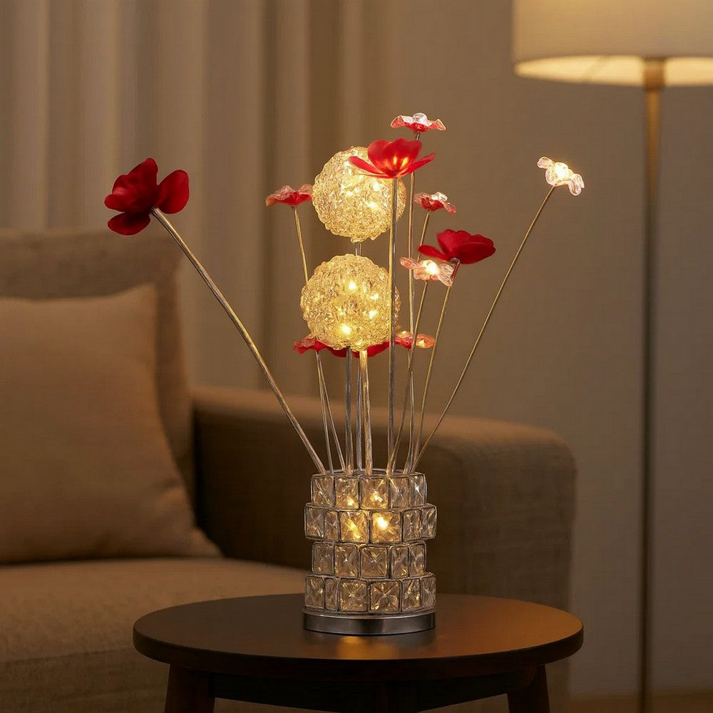 Accent Table Lamp, LED, Red Roses, Crystal Square Vase, Chrome 21"