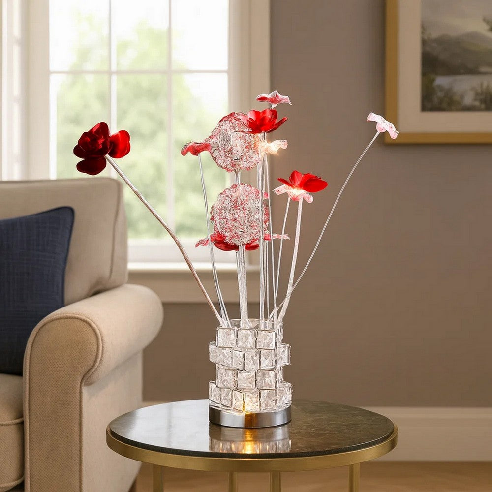 Accent Table Lamp, LED, Red Roses, Crystal Square Vase, Chrome 21"