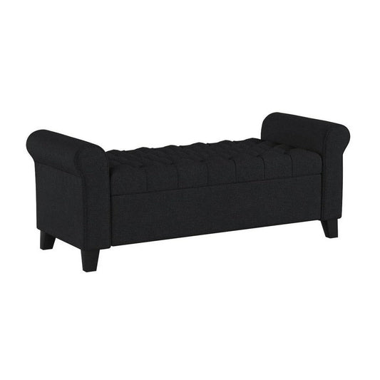 Shawn Storage Bench with Rolled Arms, 50 Inch Button Tufted Dark Gray