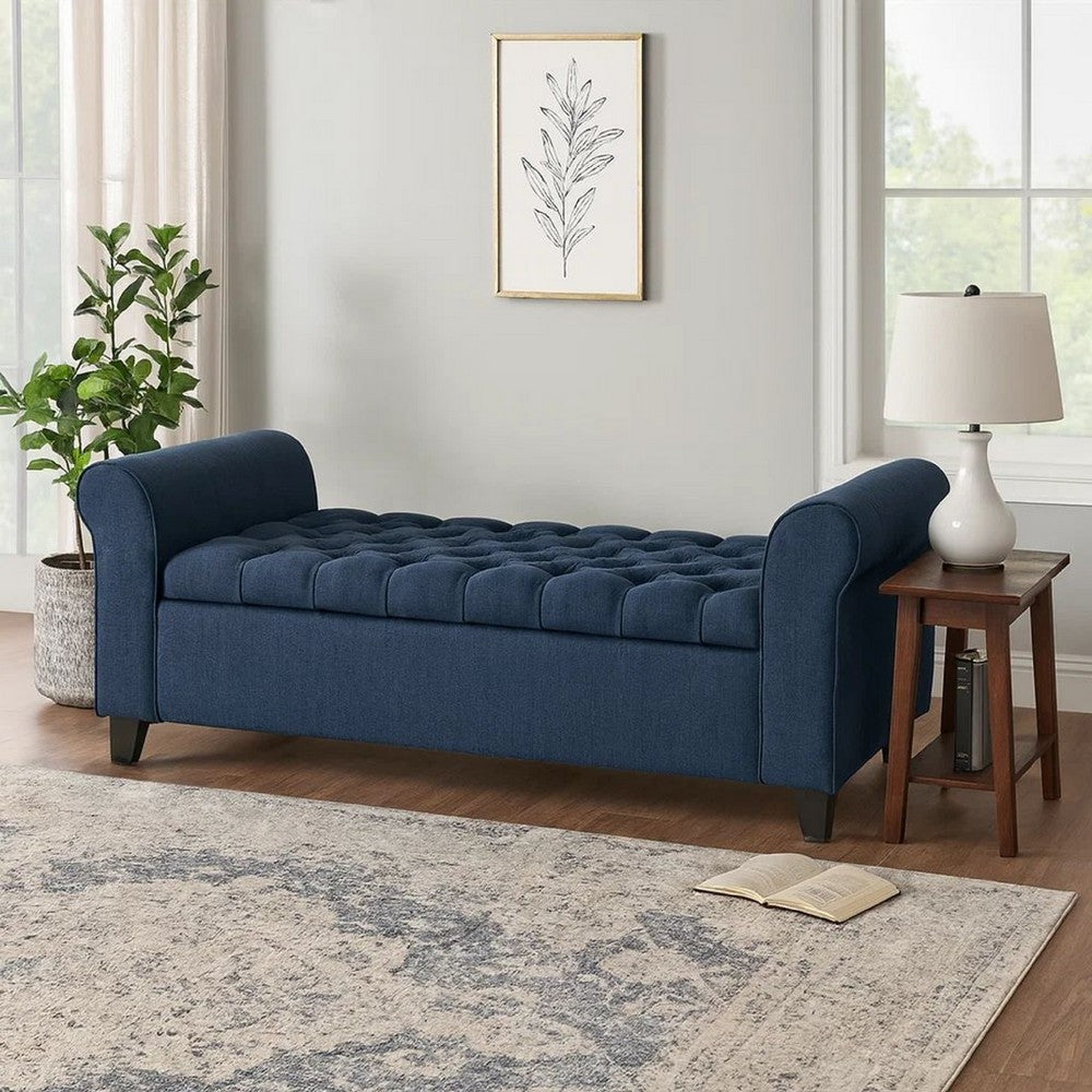 Shawn Storage Bench with Rolled Arms, 50" Button Tufted, Dark Blue