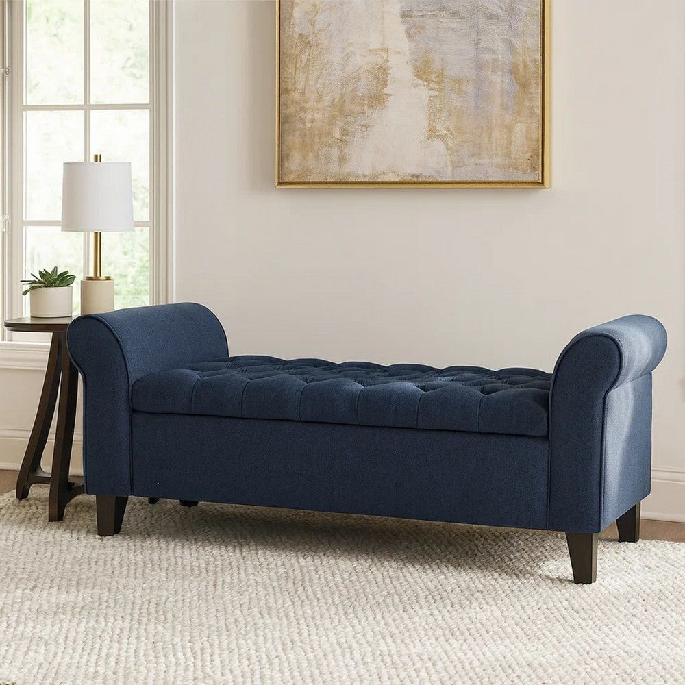Shawn Storage Bench with Rolled Arms, 50" Button Tufted, Dark Blue