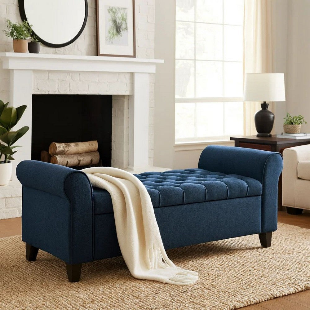 Shawn Storage Bench with Rolled Arms, 50" Button Tufted, Dark Blue