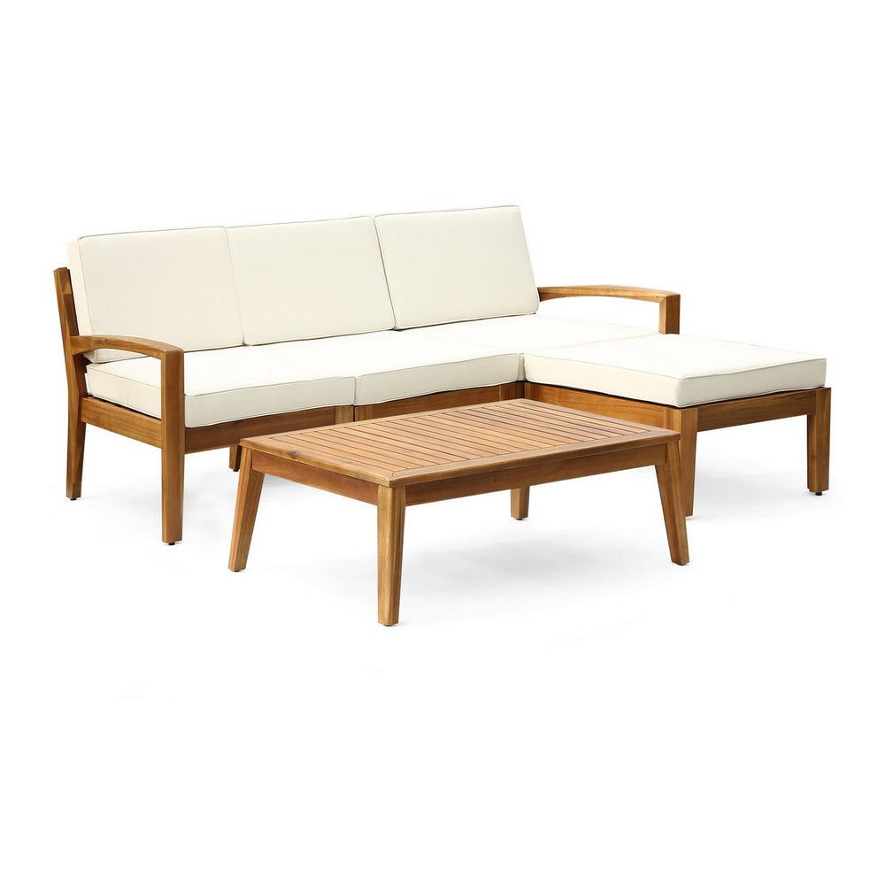 Outdoor L Shape Sofa and Coffee Table Set, Brown Acacia Wood, Beige