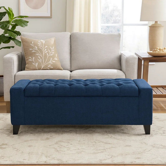 Storage Ottoman Bench, 51 Inch, Deep Button Tufted Dark Blue Fabric