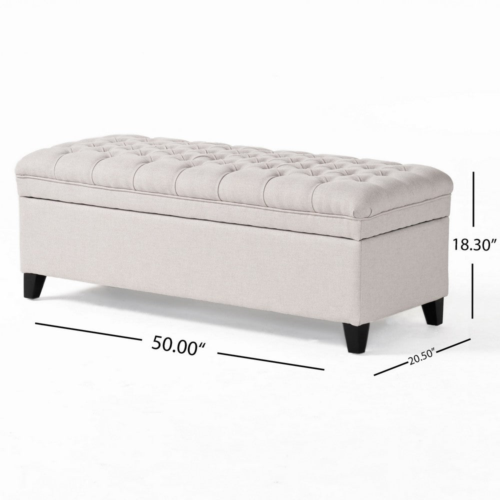 Rhya Storage Bench Ottoman, 50 Inch Seat, Button Tufted Gray Fabric