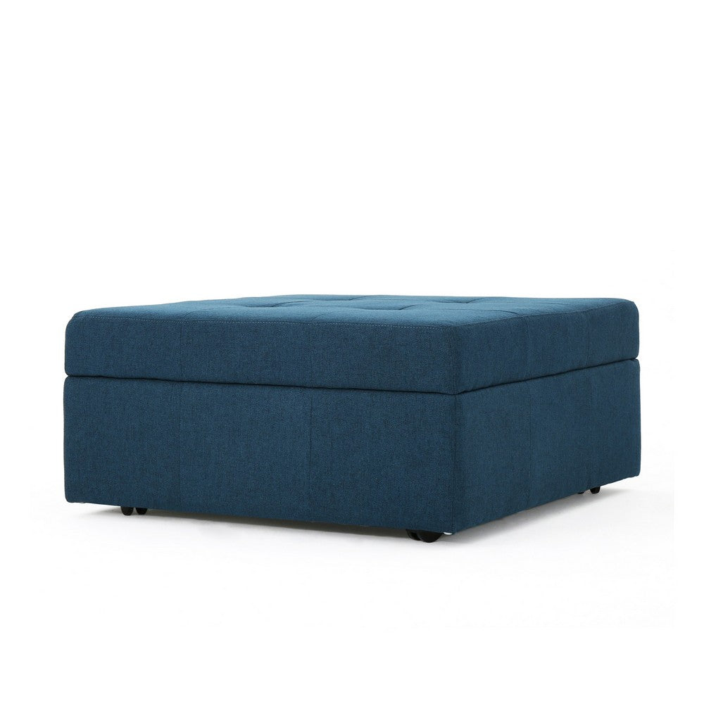 Low Accent Ottoman with Storage, 31 Inch Square, Tufted Navy Blue