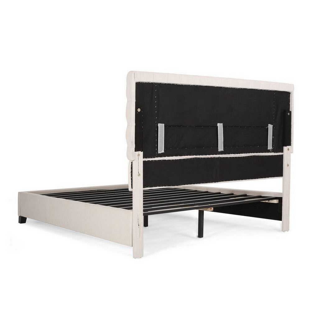 Amare Platform Queen Size Bed, Ivory White Polyester, Button Tufting