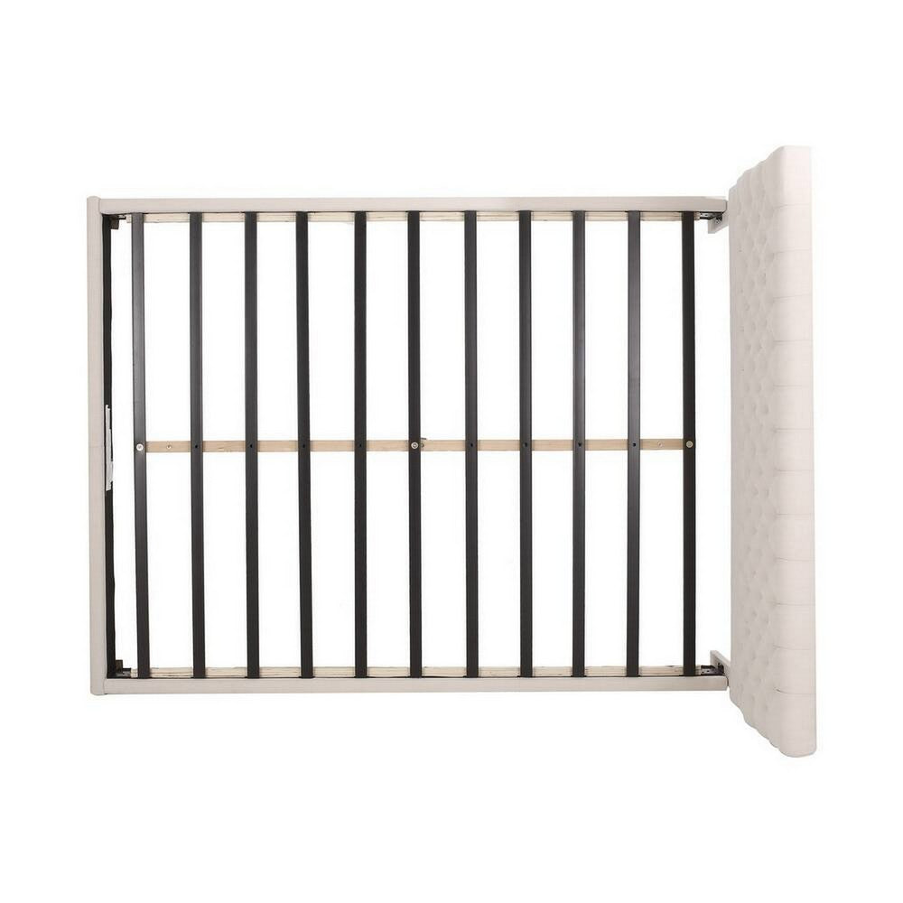 Amare Platform Queen Size Bed, Ivory White Polyester, Button Tufting