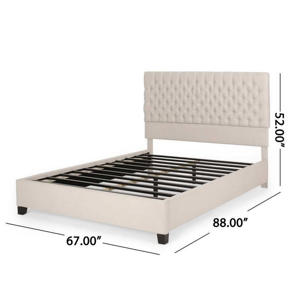 Amare Platform Queen Size Bed, Ivory White Polyester, Button Tufting