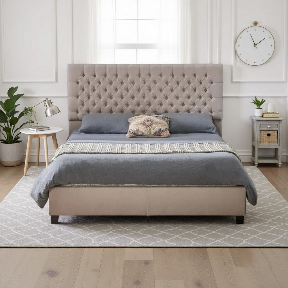 Amare Platform Queen Size Bed, Ivory White Polyester, Button Tufting