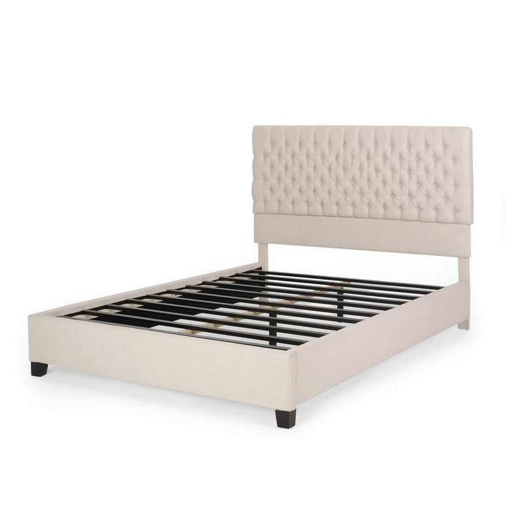 Amare Platform Queen Size Bed, Ivory White Polyester, Button Tufting