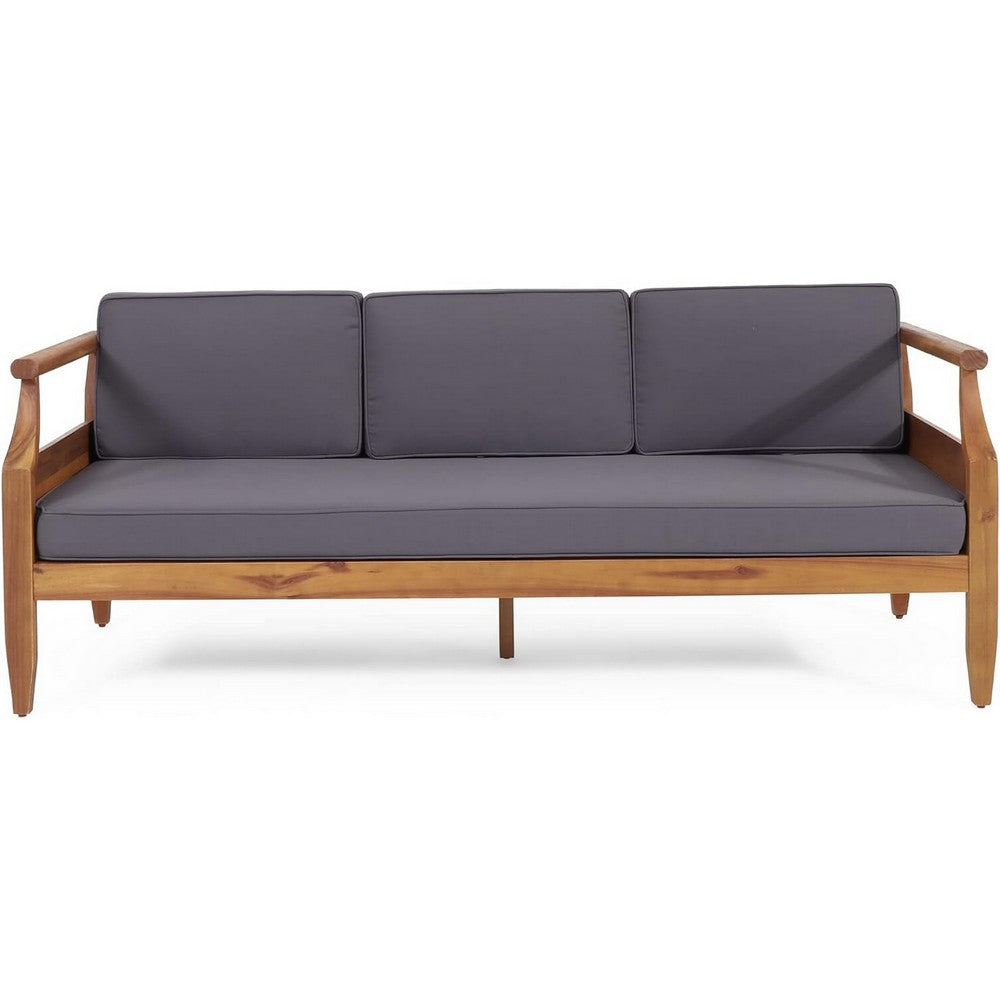 3pc Outdoor Sofa, Ottoman, and Table Set, Teak Brown Acacia Wood, Gray