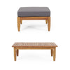 3pc Outdoor Sofa, Ottoman, and Table Set, Teak Brown Acacia Wood, Gray