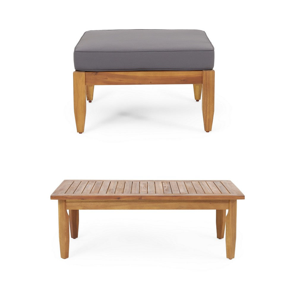 3pc Outdoor Sofa, Ottoman, and Table Set, Teak Brown Acacia Wood, Gray