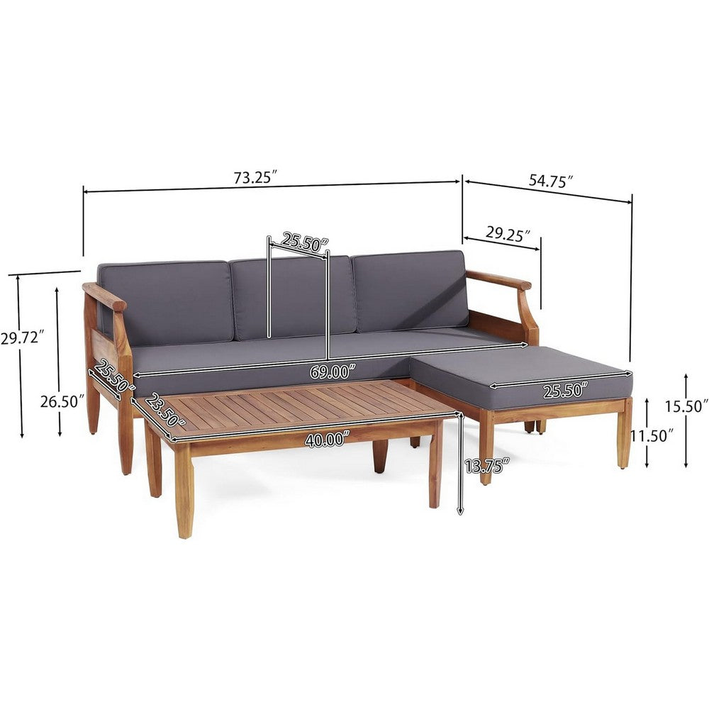 3pc Outdoor Sofa, Ottoman, and Table Set, Teak Brown Acacia Wood, Gray