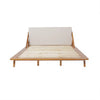 Queen Size Bed, Beige Upholstered Headboard, Natural Brown Acacia Wood