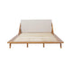 Queen Size Bed, Beige Upholstered Headboard, Natural Brown Acacia Wood
