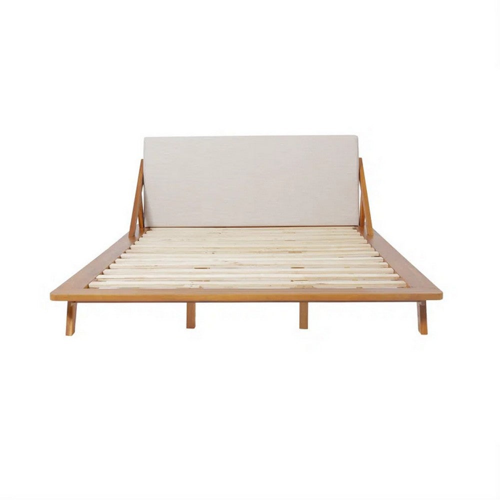 Queen Size Bed, Beige Upholstered Headboard, Natural Brown Acacia Wood