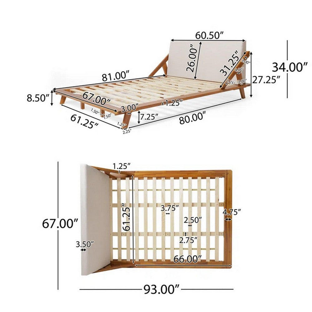 Queen Size Bed, Beige Upholstered Headboard, Natural Brown Acacia Wood