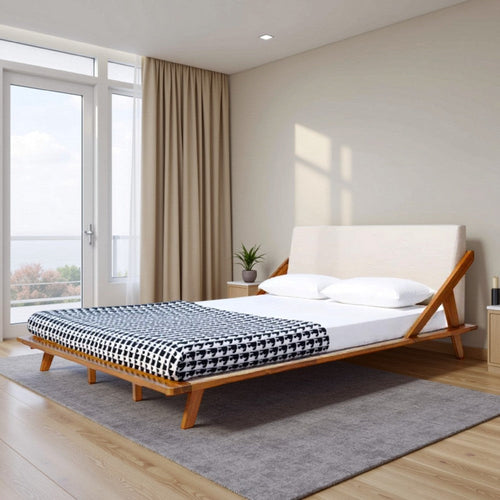 Queen Size Bed, Beige Upholstered Headboard, Natural Brown Acacia Wood