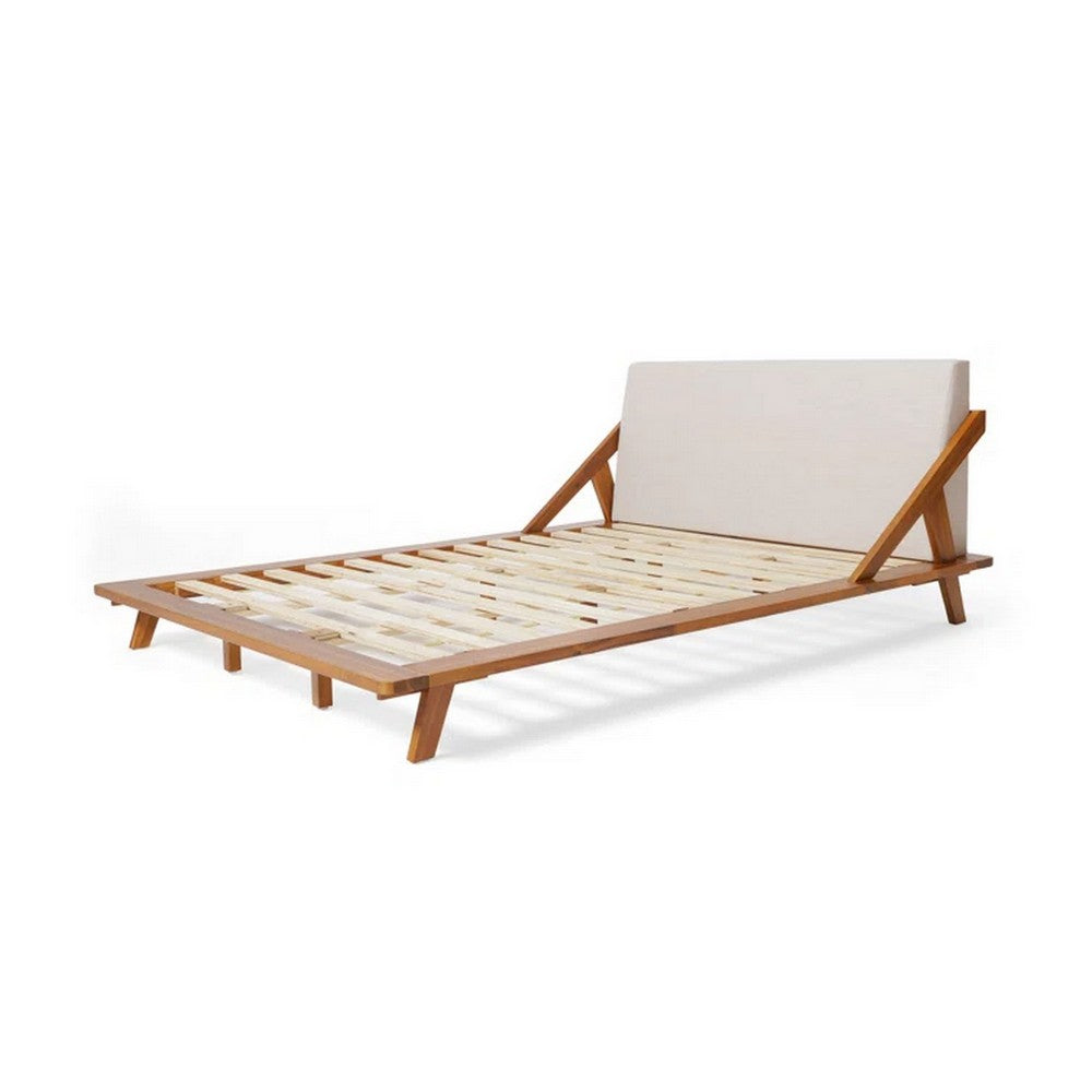 Queen Size Bed, Beige Upholstered Headboard, Natural Brown Acacia Wood