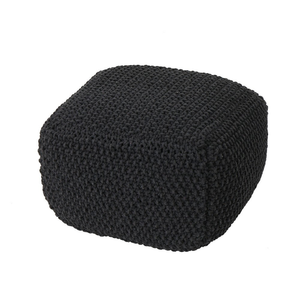 Alen Ottoman Cube Pouf, 21" Handcrafted Boho Dark Gray Knitted Cotton