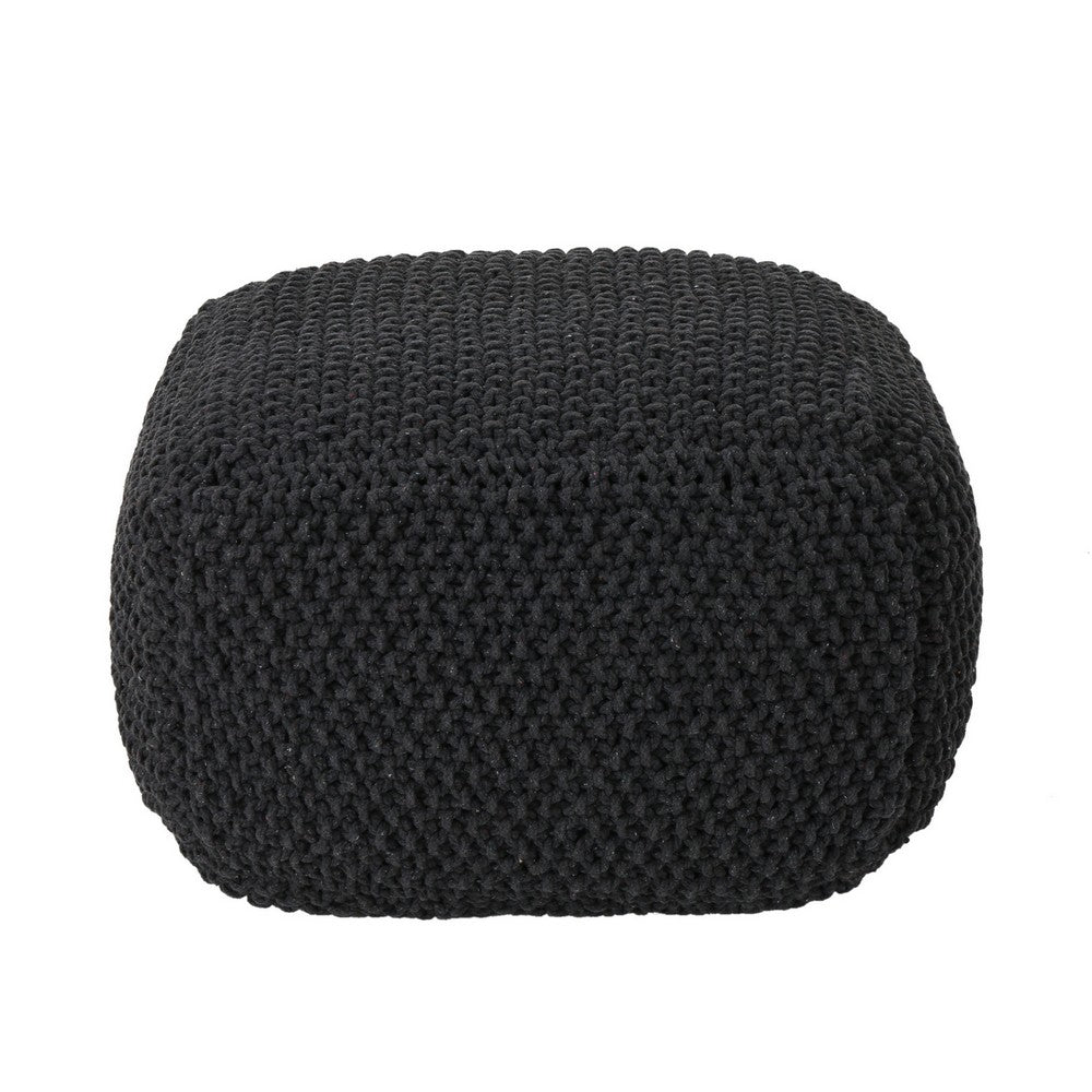 Alen Ottoman Cube Pouf, 21" Handcrafted Boho Dark Gray Knitted Cotton